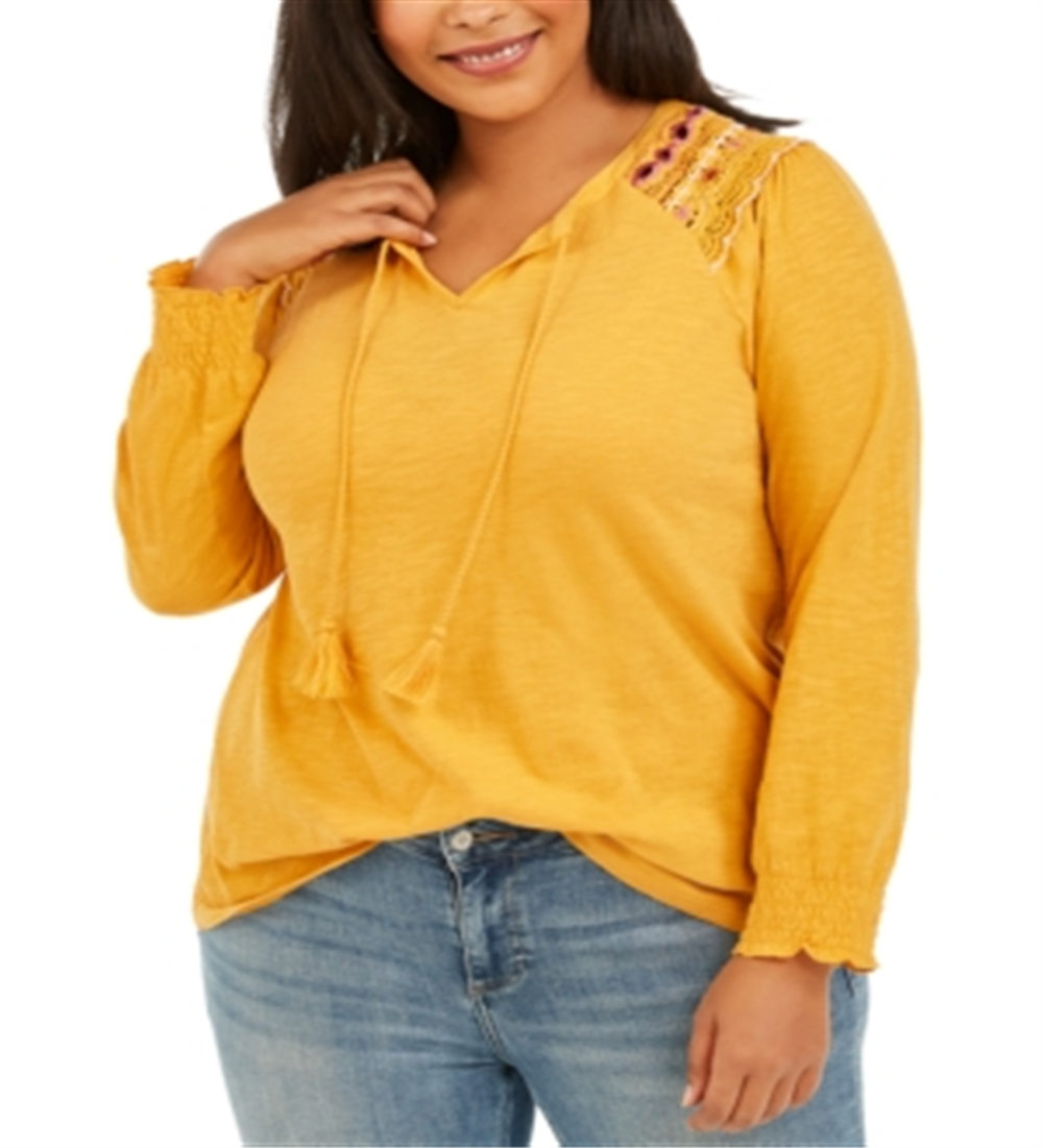 Blusa feminina plus size de algodão bordado com gola amarrada, tamanho 4X, amarela, estilo &amp; co