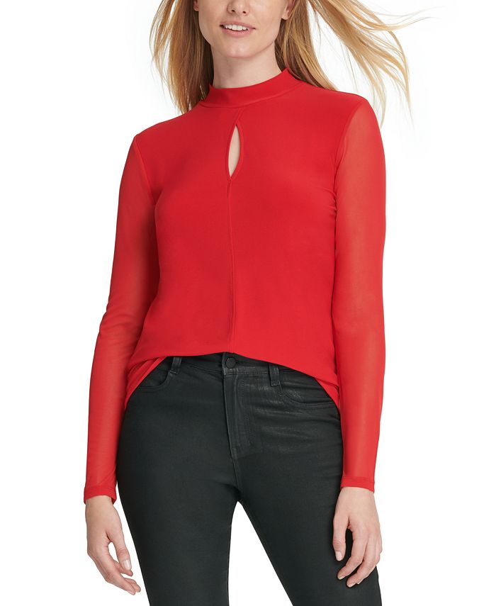 Top DKNY Feminino com Manga Transparente e Decote em V Vermelho Tamanho XS