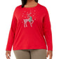 Karen Scott Plus Size Feminino Deer Decor Embelezado Top Vermelho Tamanho 2X