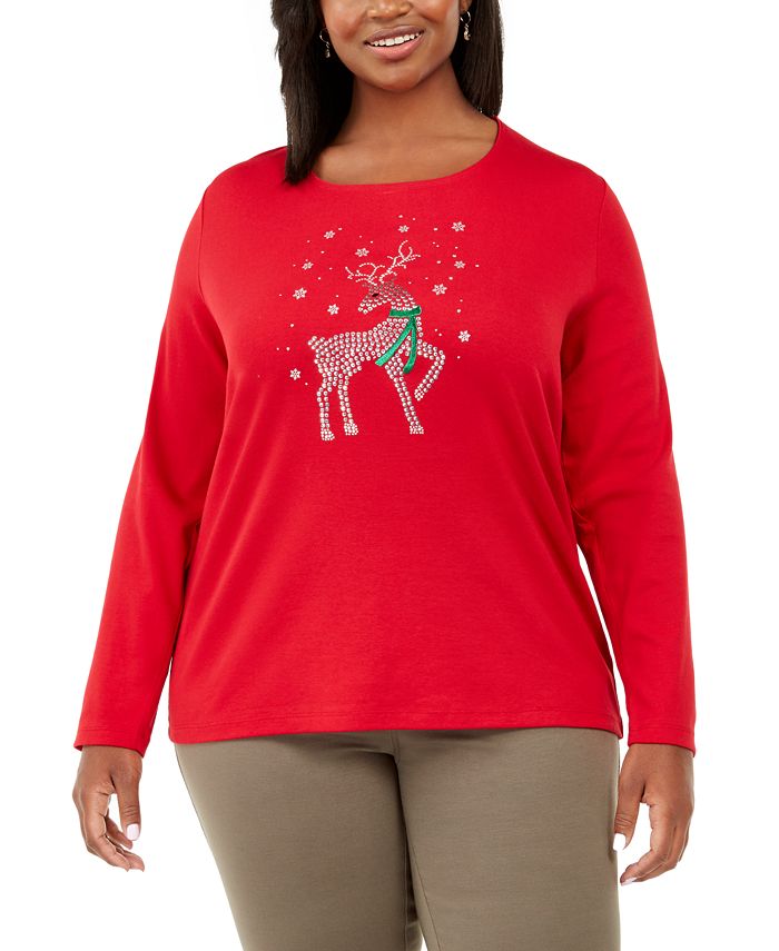 Karen Scott Plus Size Feminino Deer Decor Embelezado Top Vermelho Tamanho 2X