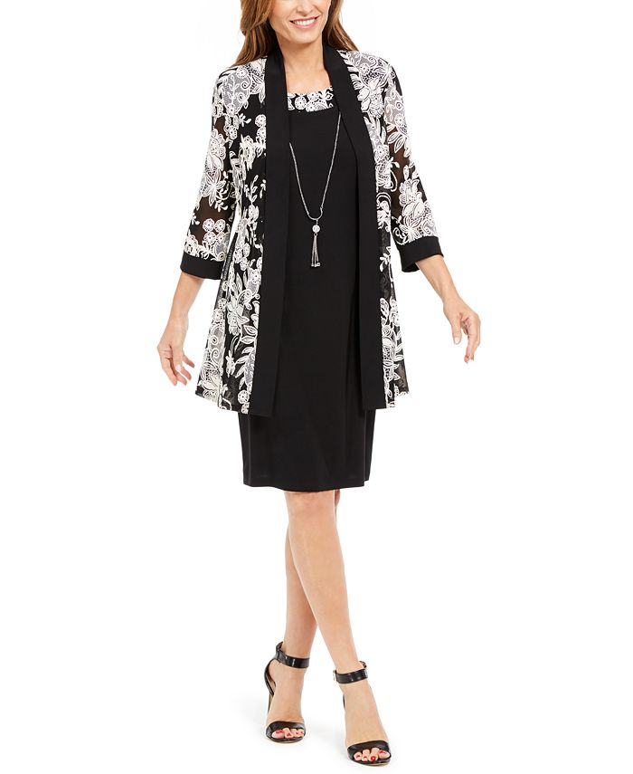 Vestido feminino R&amp;M Richards com colar e jaqueta com estampa bufante, preto, tamanho 4, pequeno