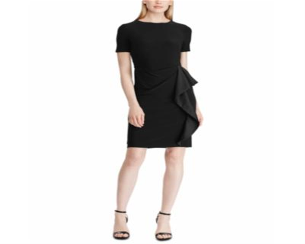 Vestido de festa Ralph Lauren feminino, com zíper, manga curta, decote em joia, acima do joelho, justo, preto, tamanho 12, pequeno