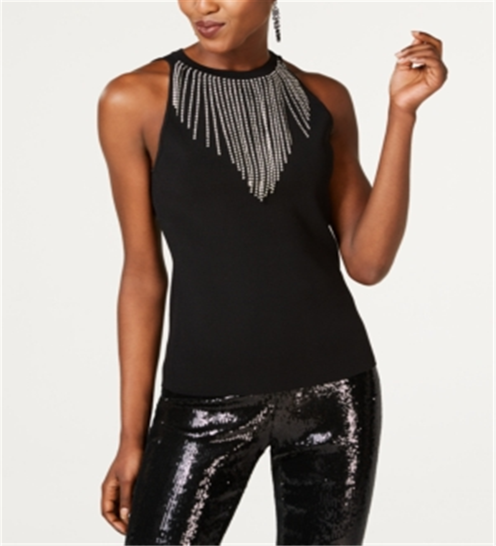 INC International Concepts Suéter feminino sem mangas com colar de strass, preto, tamanho PP