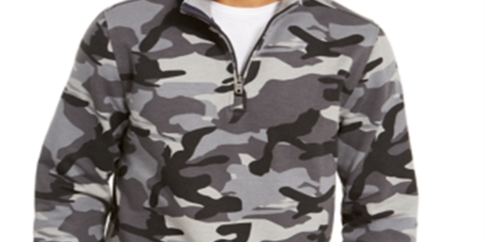 Moletom masculino Club Room com capuz camuflado elástico e zíper 1/4, cinza, tamanho pequeno