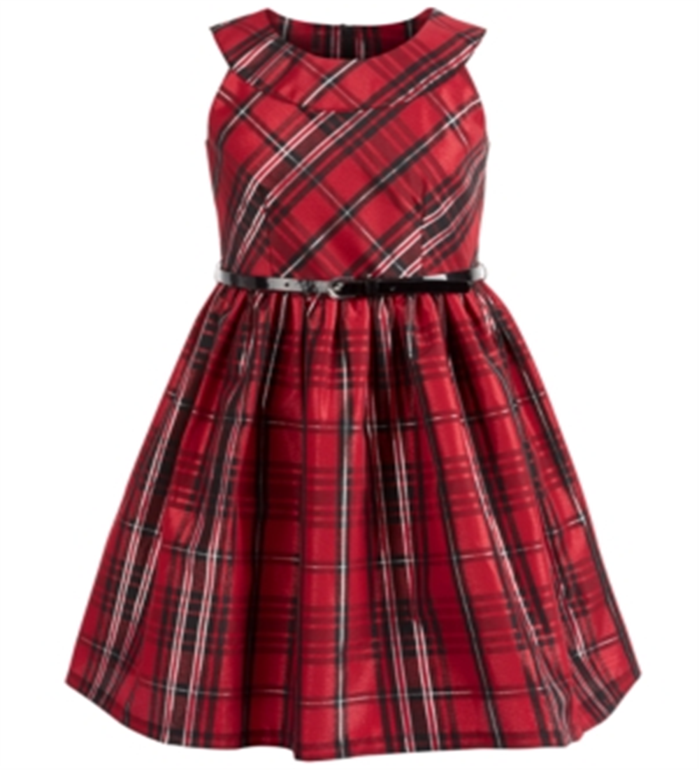 Vestido de tafetá xadrez com cinto tamanho grande Bonnie Jean para meninas grandes - vermelho tamanho 20 plus size