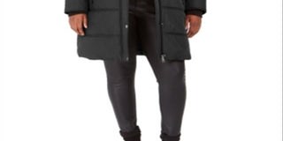 Casaco acolchoado com capuz e acabamento em pele sintética Maralyn &amp; Me feminino júnior plus size, preto, tamanho 1X