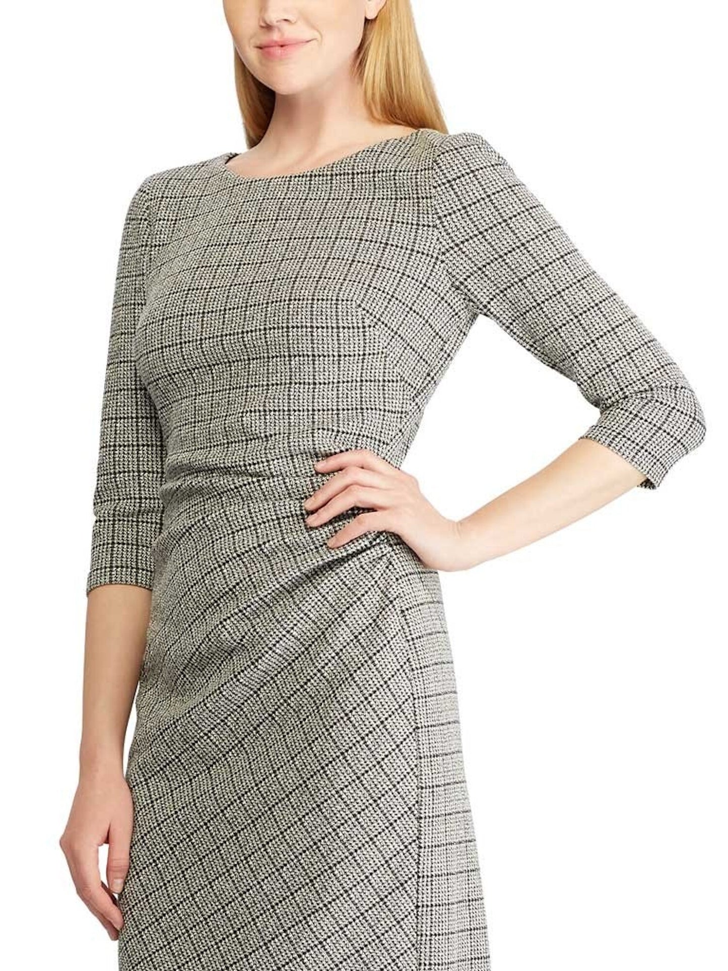 ralph-lauren-womens-ruched-houndstooth-long-sleeve-jewel-neck-above-the-knee-dress-black-size-14