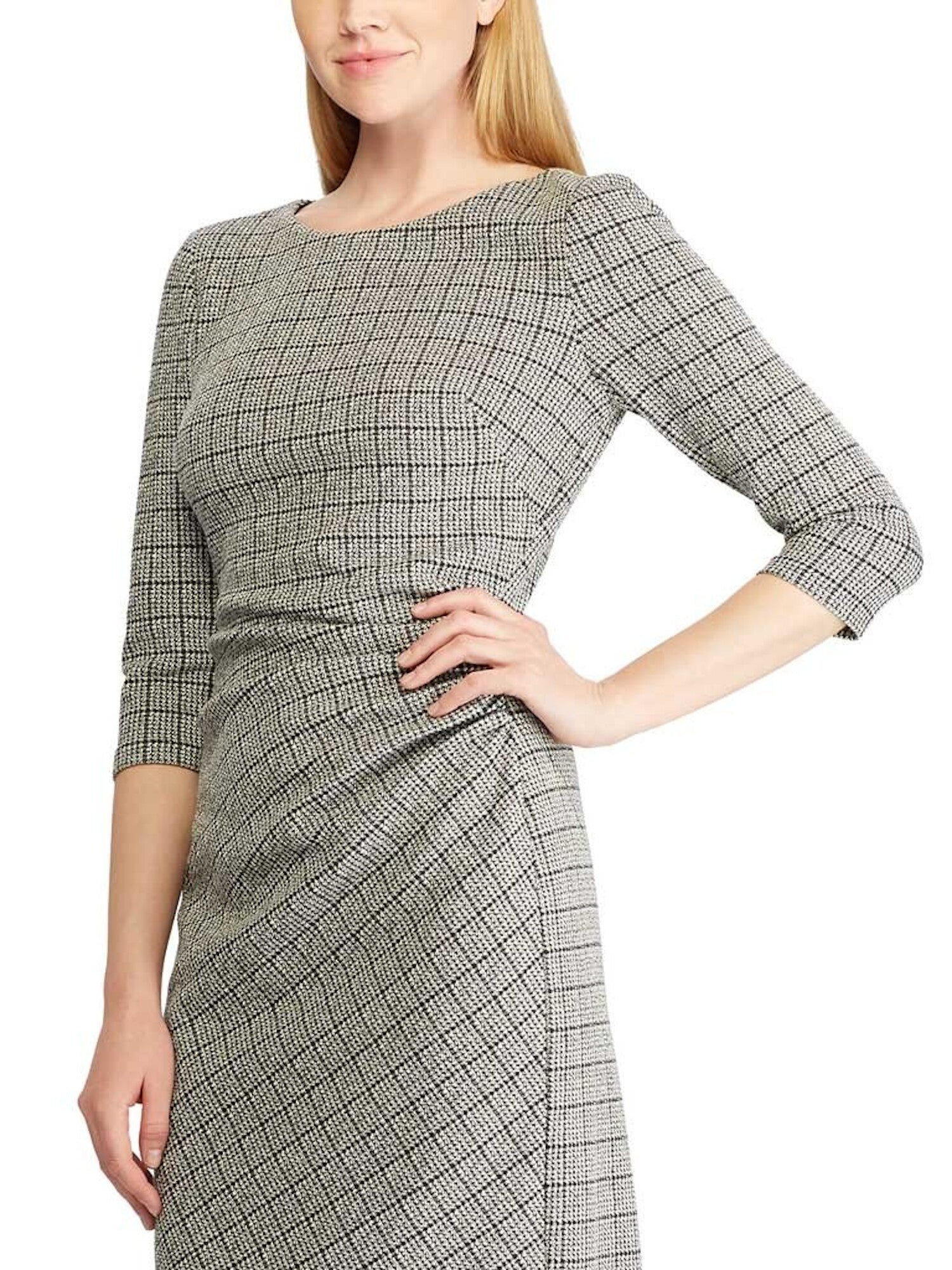 ralph-lauren-womens-ruched-houndstooth-long-sleeve-jewel-neck-above-the-knee-dress-black-size-14