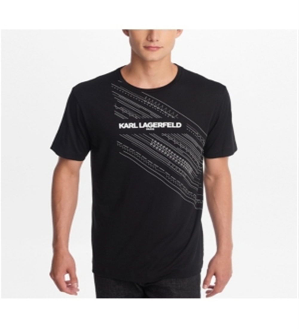 Karl Lagerfeld Camiseta Masculina Crew com Estampa em Relevo Falso, Preta, Tamanho X-G