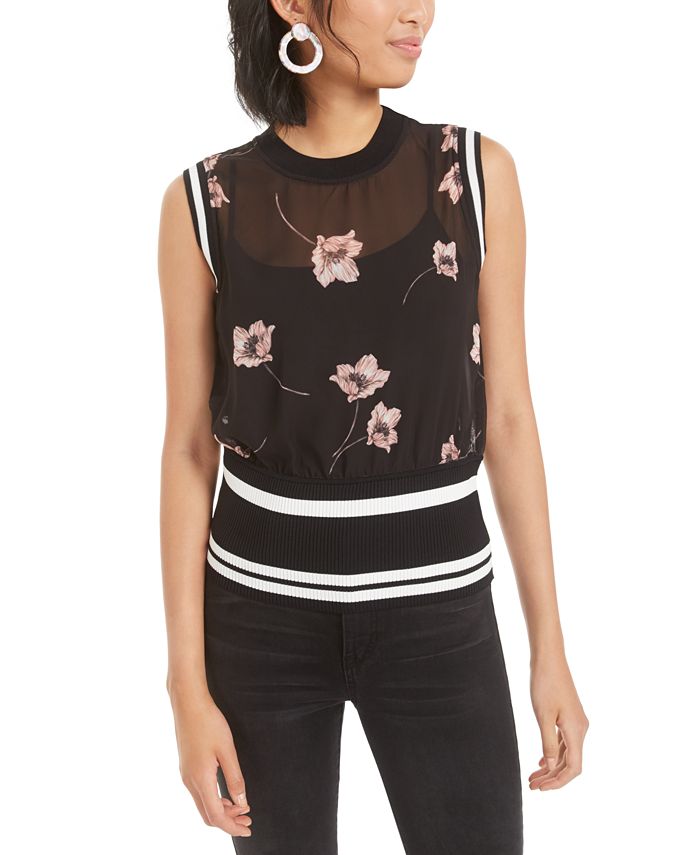 Blusa feminina Bar III semitransparente com estampa floral, preta, tamanho grande