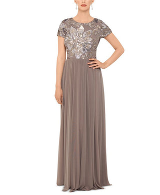Vestido de noite longo com lantejoulas e manga curta, decote em joia, tamanho 12, da Betsy Adam, feminino