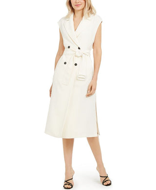 Vestido trench coat feminino Marella sem mangas com cinto, branco, tamanho 14