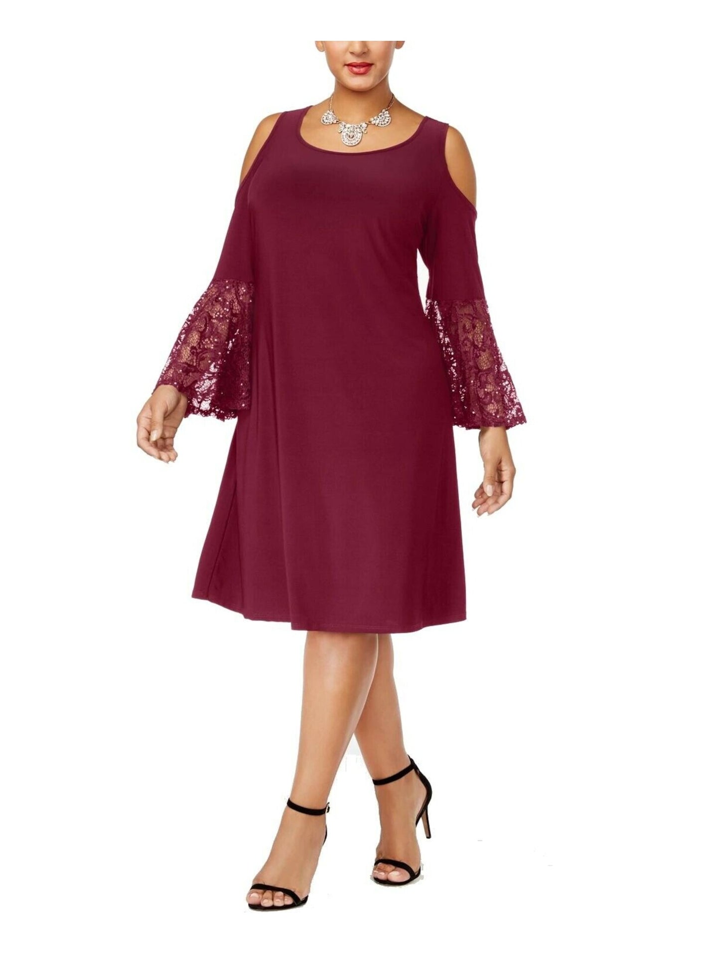 Vestido feminino RM Richards com decote redondo, ombro vazado, manga sino, comprimento até o joelho, plus size roxo 20W