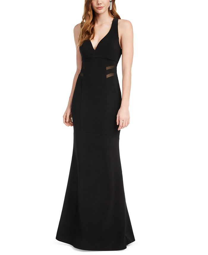 Vestido de festa longo sereia transparente sem mangas com decote em V e decote em V, preto, tamanho pequeno, para mulheres