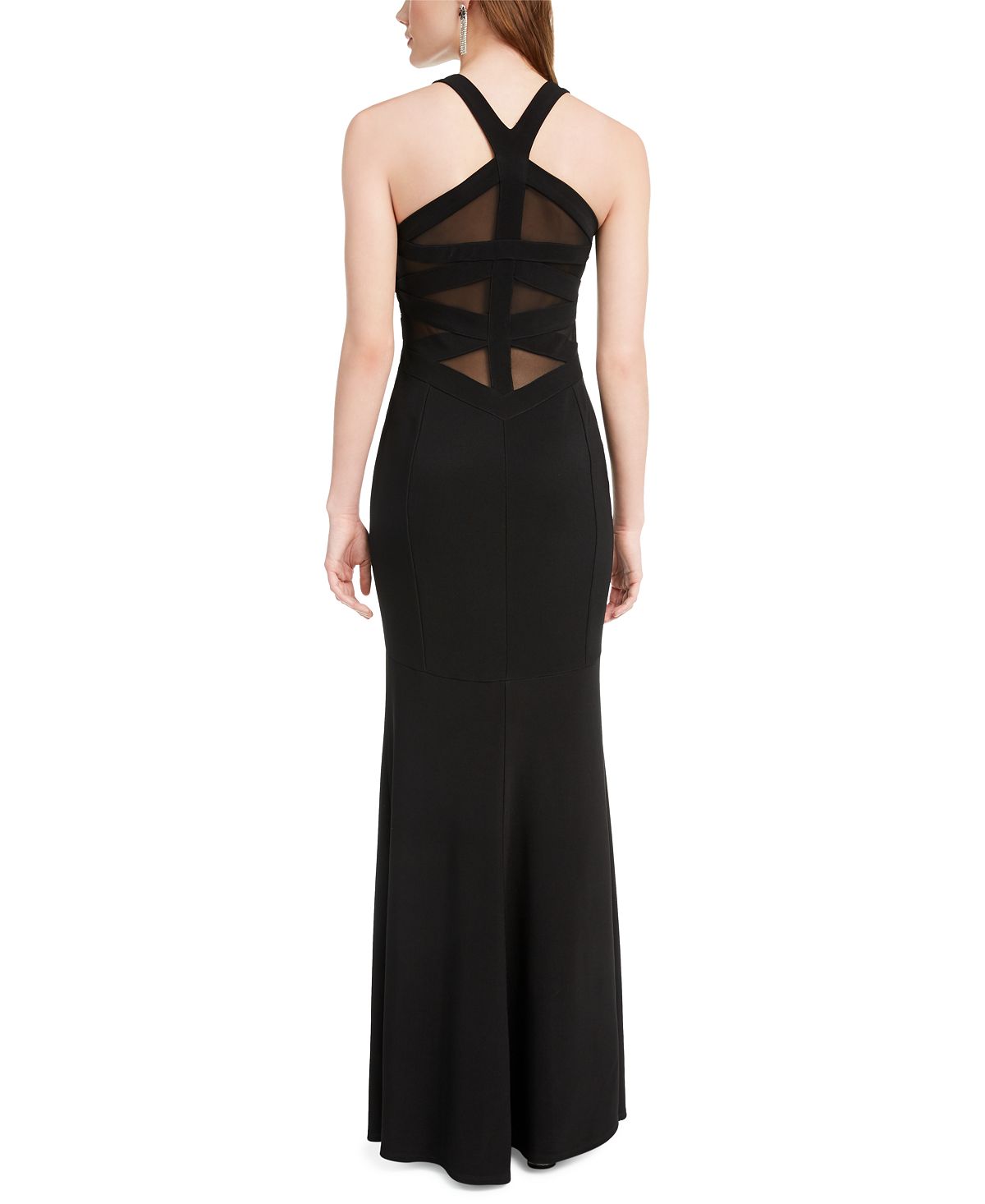 Vestido de festa longo sereia transparente sem mangas com decote em V e decote em V, preto, tamanho pequeno, para mulheres