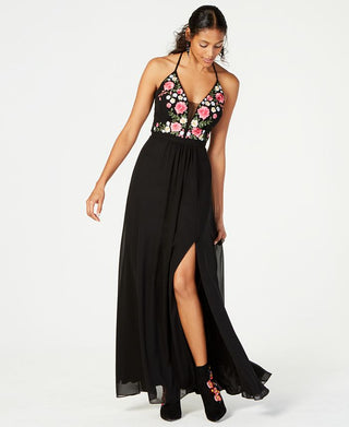 Nightway Women's Embroidered Floral Sleeveless V Neck Maxi Sheath Evening Dress Black Size 14 Petite