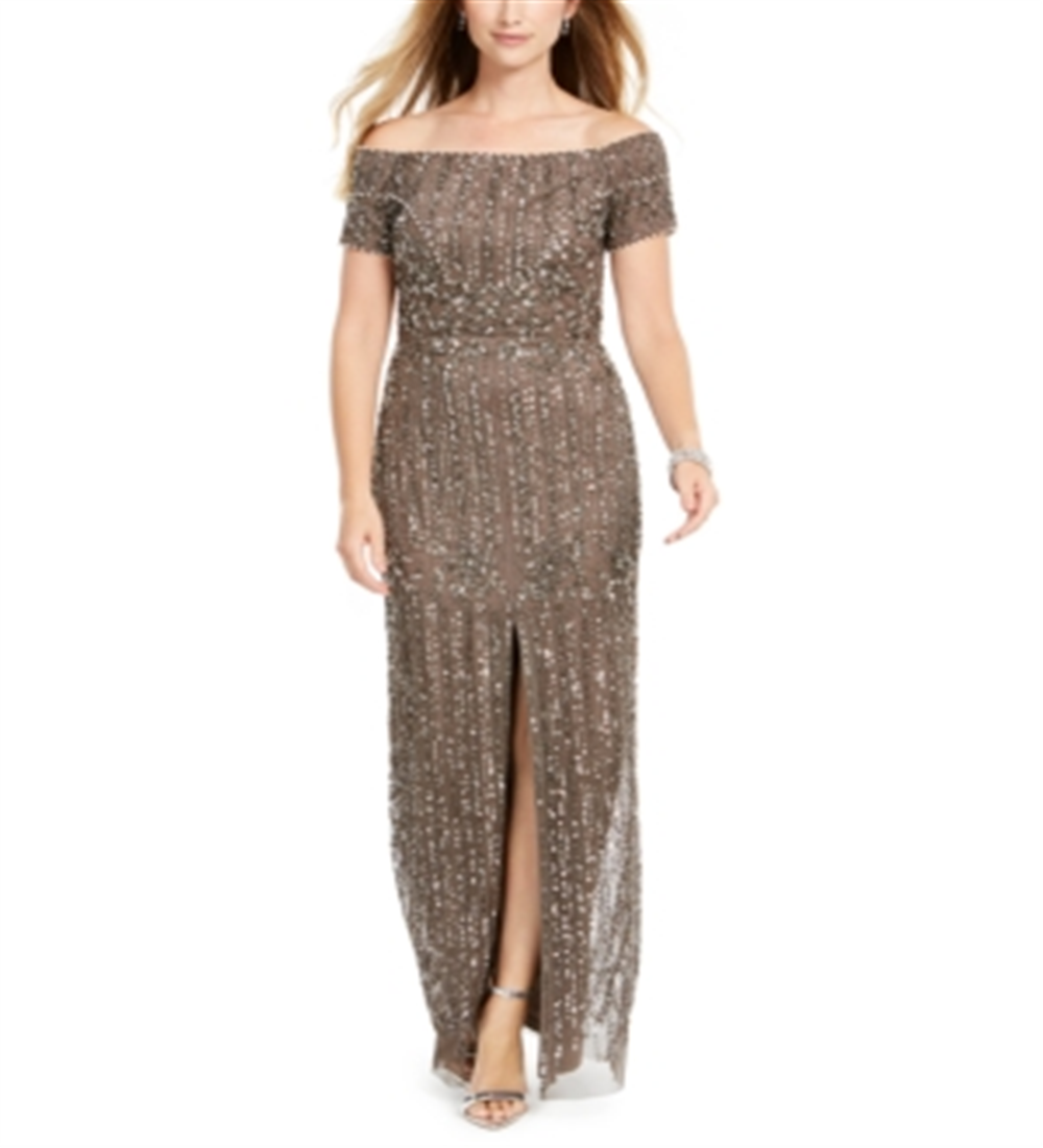 Vestido de festa feminino Adrianna Papell com decote ombro a ombro e contas, marrom, tamanho 16