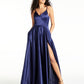 Vestido feminino B Darlin com fenda, alças finas, decote em V, comprimento total, corte formal, flare, azul, tamanho 9-10