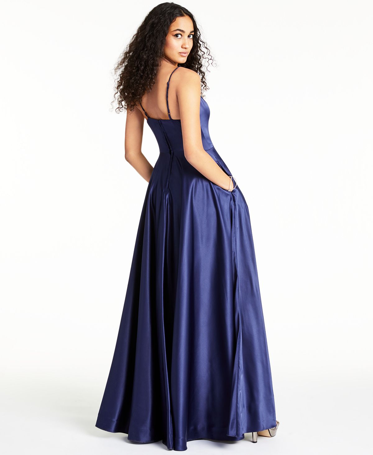 Vestido feminino B Darlin com fenda, alças finas, decote em V, comprimento total, corte formal, flare, azul, tamanho 9-10