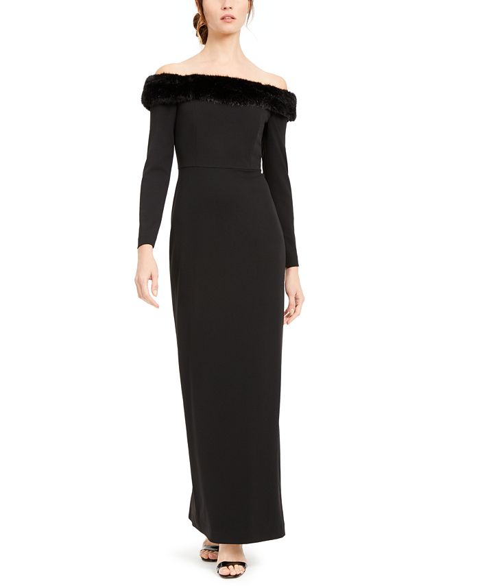 Vestido formal longo Calvin Klein feminino, manga comprida, preto, tamanho 6