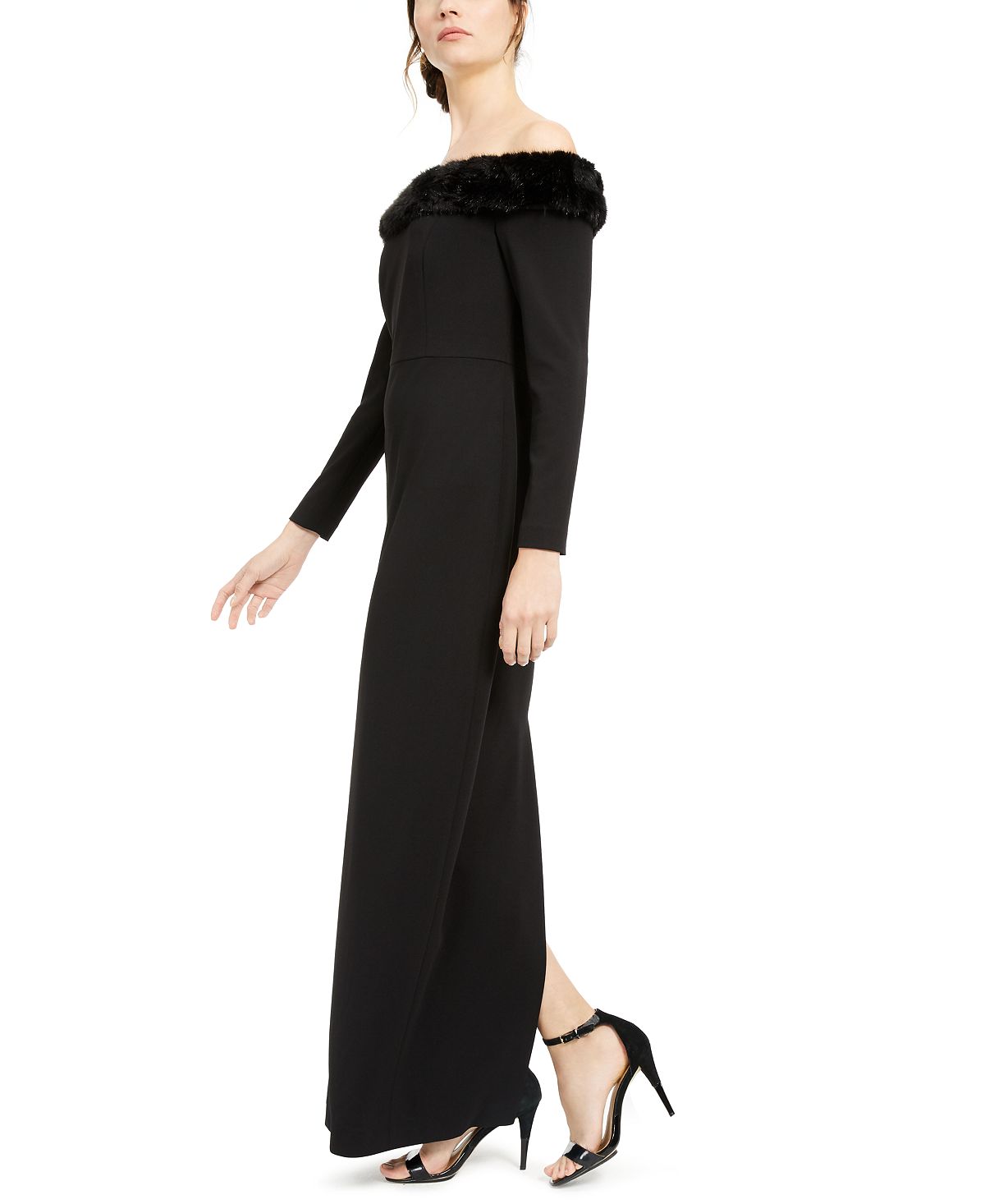 Vestido formal longo Calvin Klein feminino, manga comprida, preto, tamanho 6