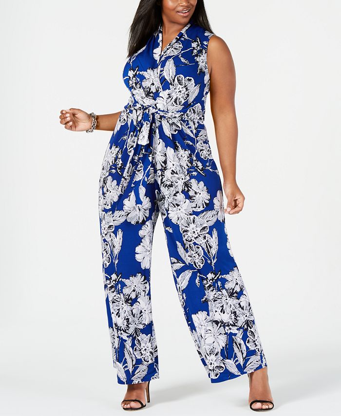 Macacão feminino plus size Jessica Howard com decote em V floral azul tamanho 1X