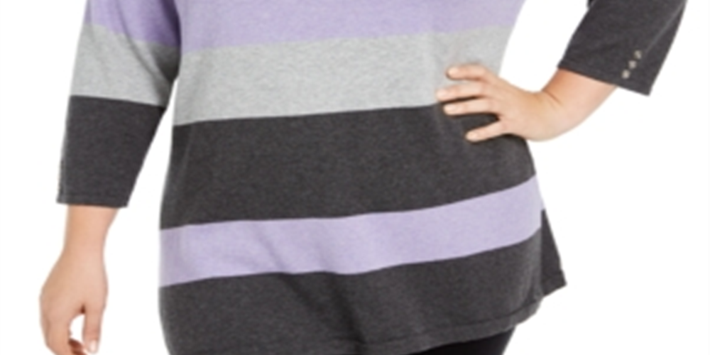 Karen Scott Suéter feminino listrado de algodão com gola alta, roxo, tamanho 1X