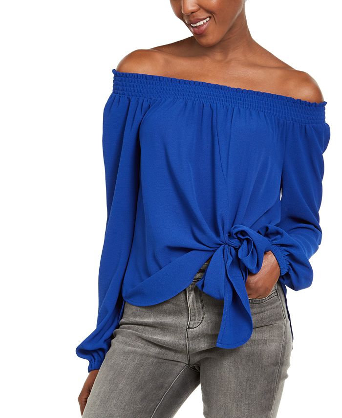 Blusa feminina Michael Kors Twilight com amarração frontal e ombro à mostra, azul, tamanho G