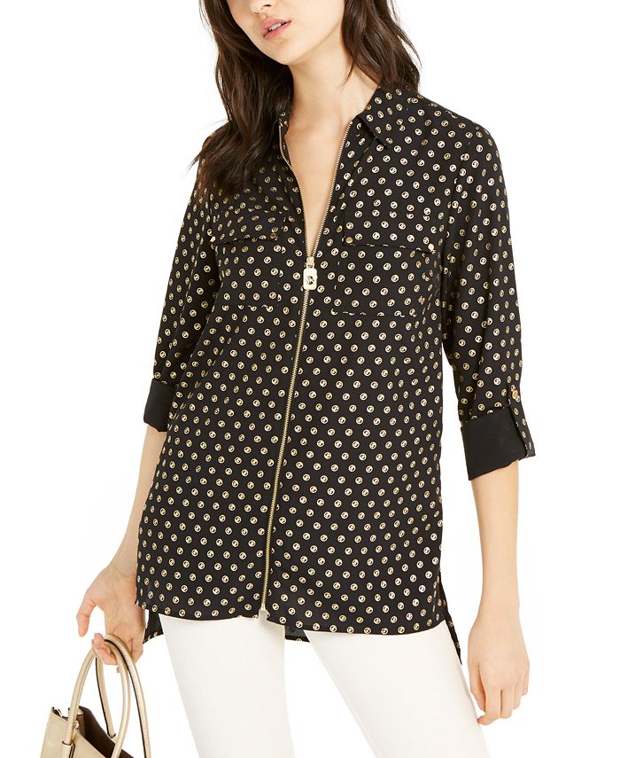 Blusa feminina Michael Kors com zíper e logotipo metálico, preta, tamanho M