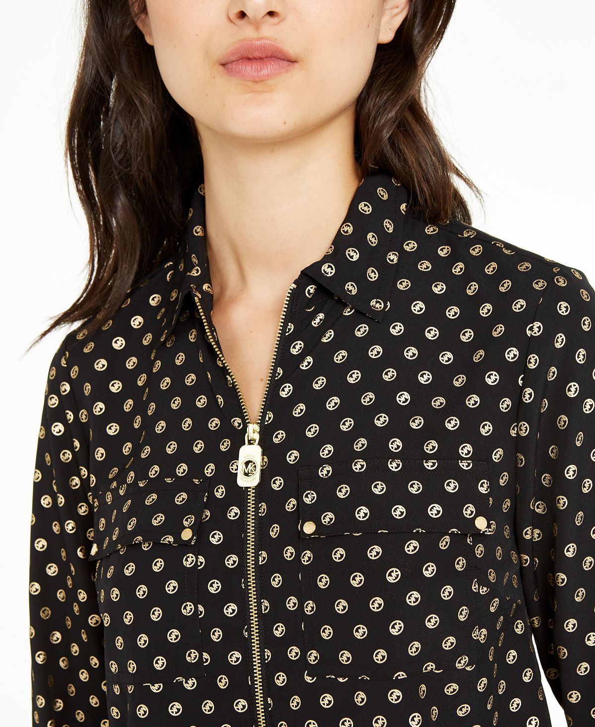 Blusa feminina Michael Kors com zíper e logotipo metálico, preta, tamanho M