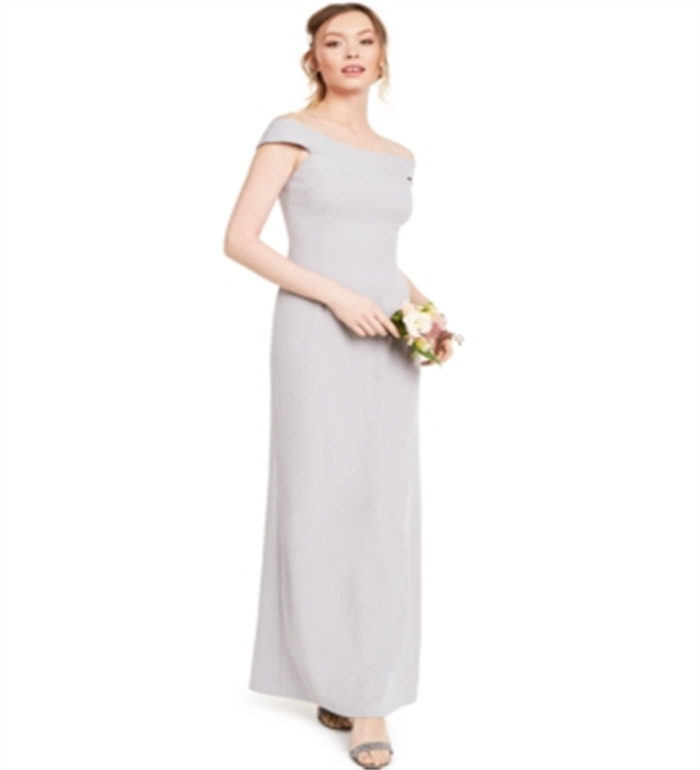 Vestido de festa longo com fenda e manga curta, ombro de fora, tamanho 8, cinza, feminino, Adrianna Papell