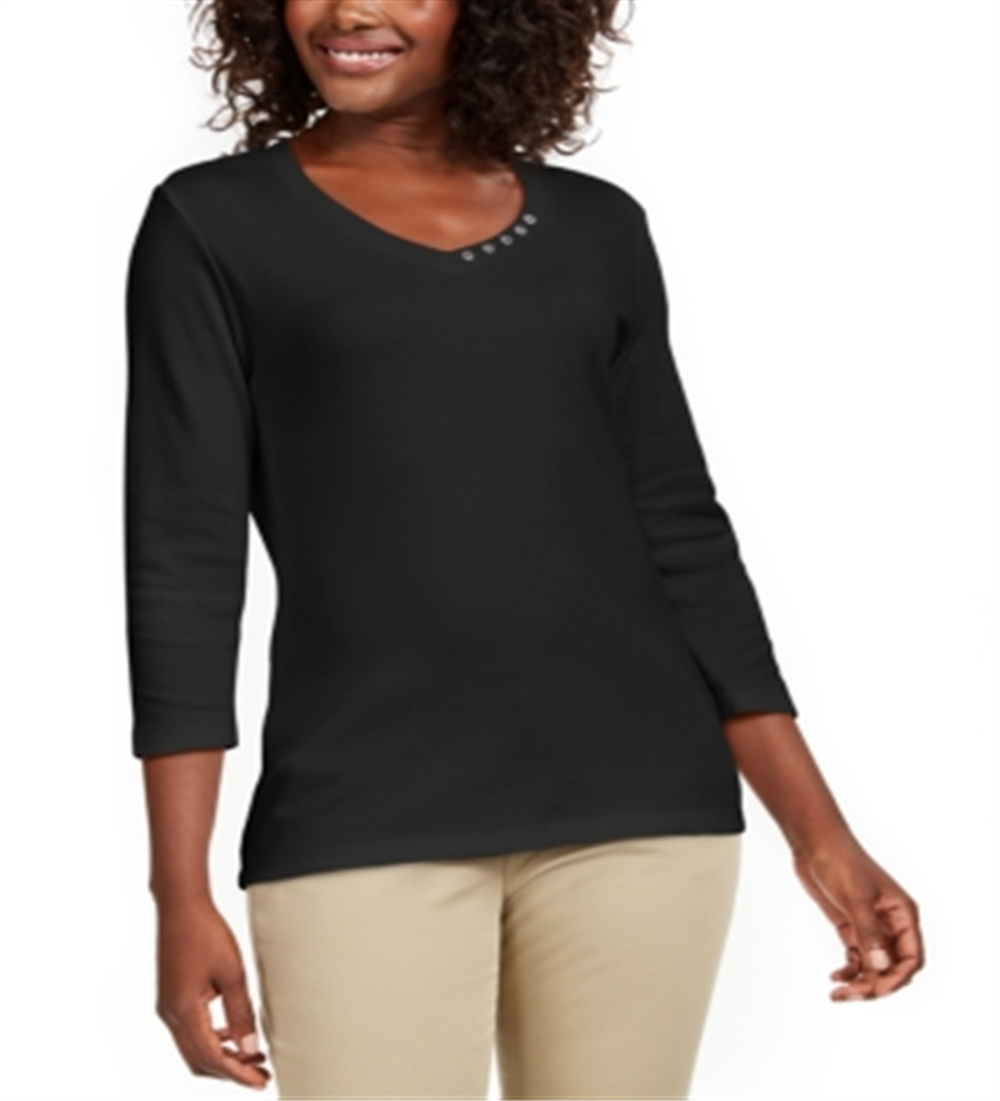 Karen Scott Blusa de algodão com decote em V e ilhós feminina, preta, tamanho P