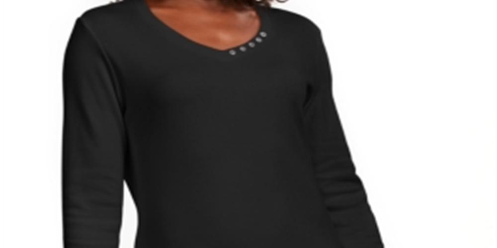 Karen Scott Blusa de algodão com decote em V e ilhós feminina, preta, tamanho P