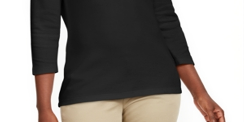 Karen Scott Blusa de algodão com decote em V e ilhós feminina, preta, tamanho P