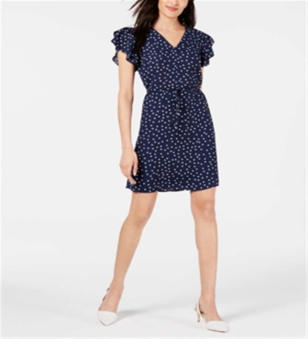 Vestido feminino estampado com mangas esvoaçantes Maison Jules, azul-marinho, tamanho P