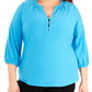 Blusa feminina plus size NY Collection, manga 3/4, gola mandarim, azul, tamanho 1X