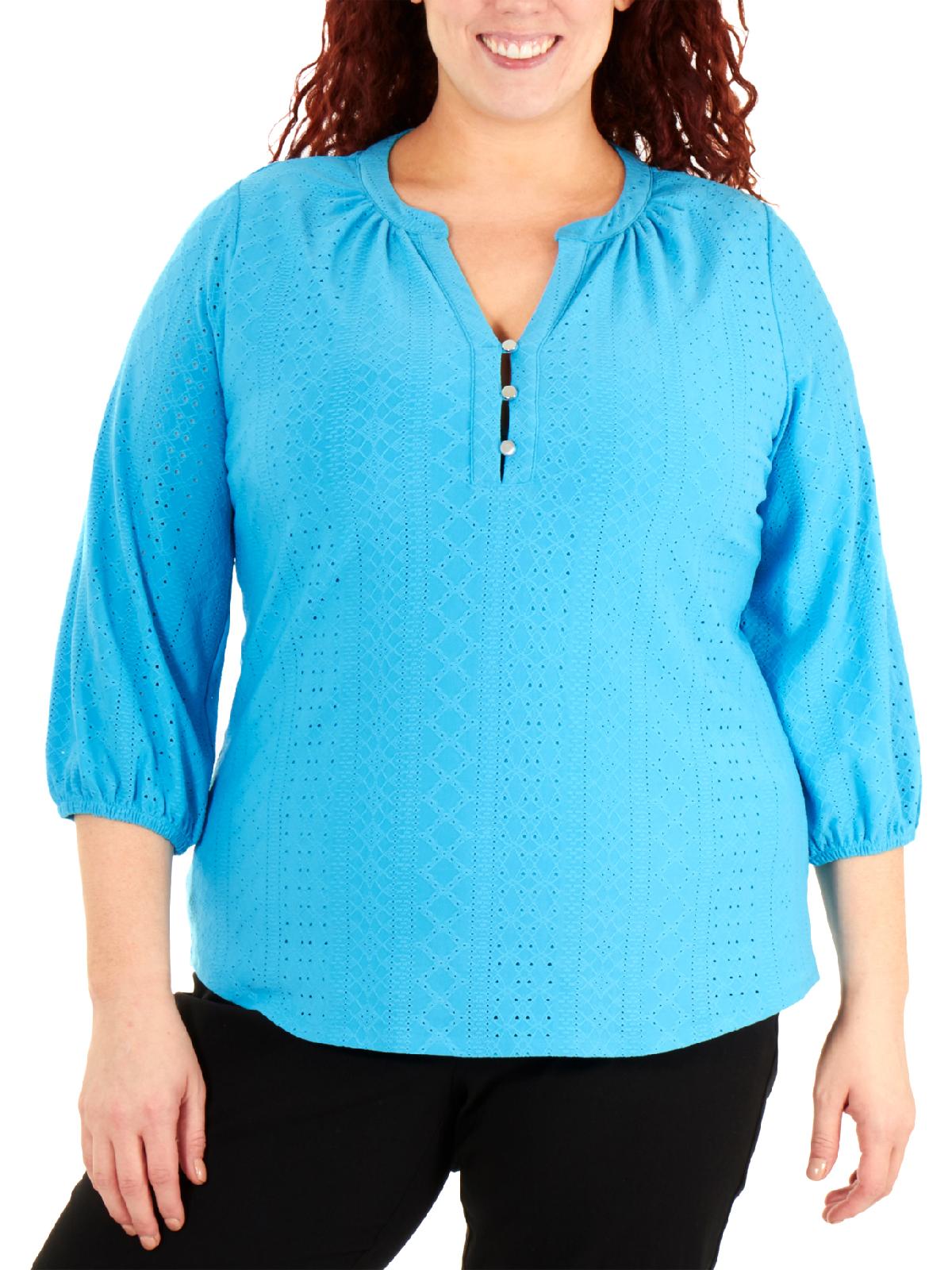 Blusa feminina plus size NY Collection, manga 3/4, gola mandarim, azul, tamanho 1X