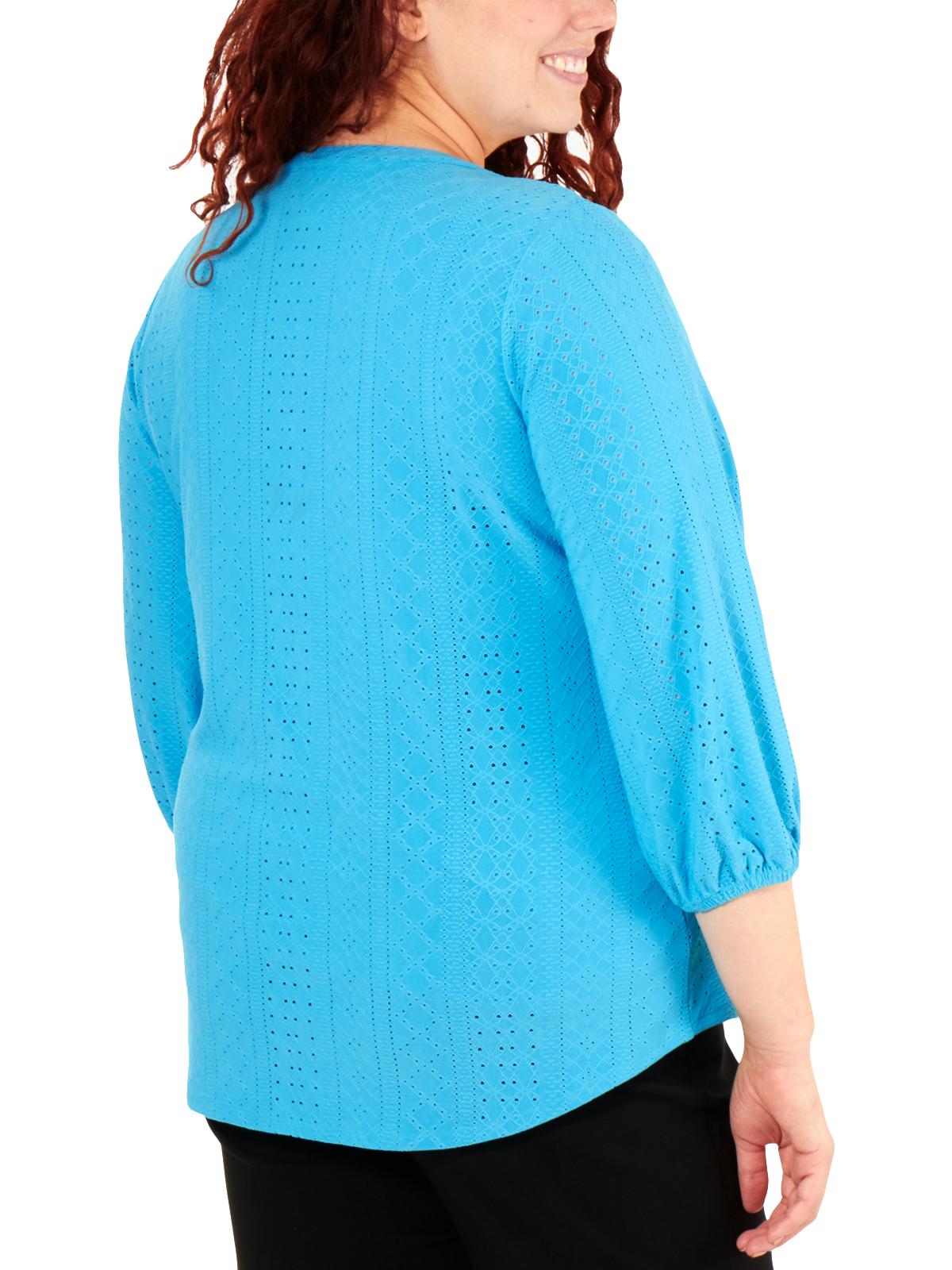 Blusa feminina plus size NY Collection, manga 3/4, gola mandarim, azul, tamanho 1X