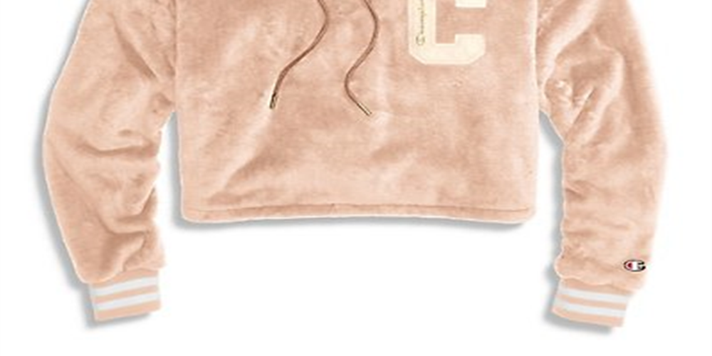 Moletom com capuz curto de pele sintética Champion feminino marrom tamanho pequeno