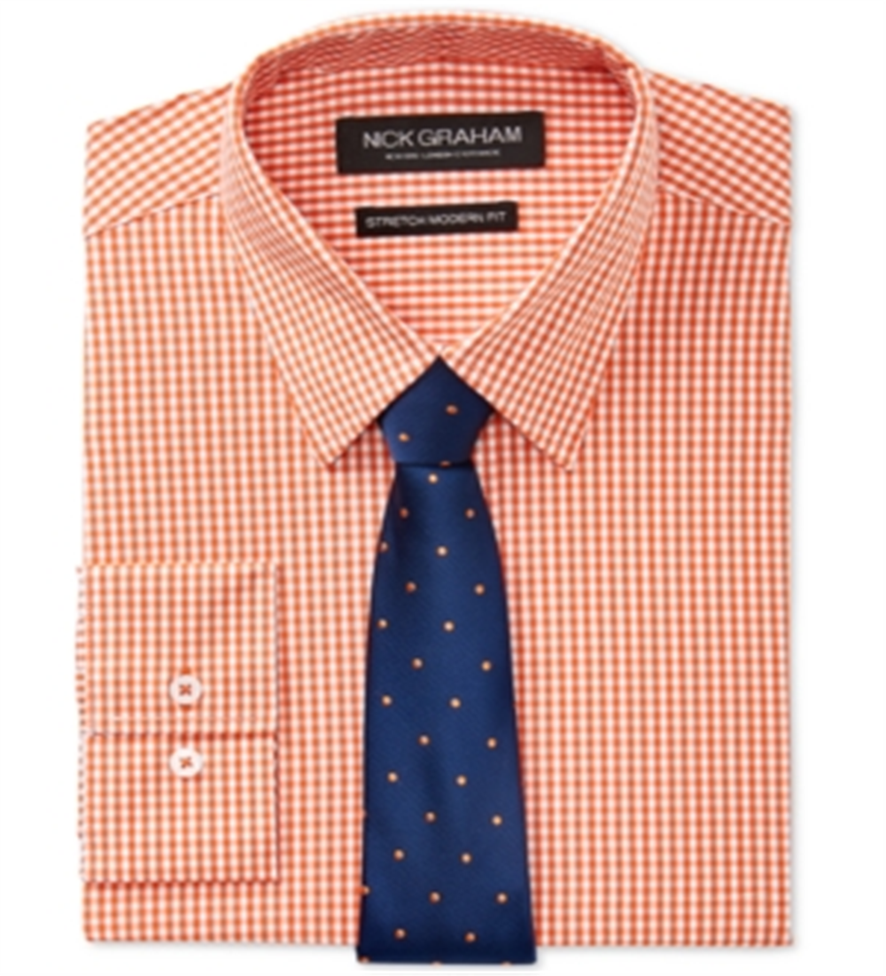 Conjunto de camisa social xadrez slim fit elástica e fácil de cuidar Nick Graham para homens e gravata com bolinhas laranja, tamanho M