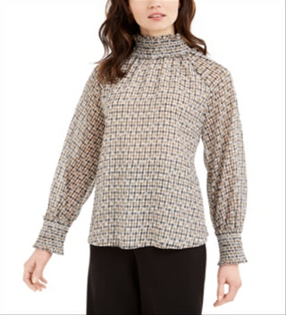 Blusa Calvin Klein Feminina Estampada Gola Smocked Bege Tamanho Médio