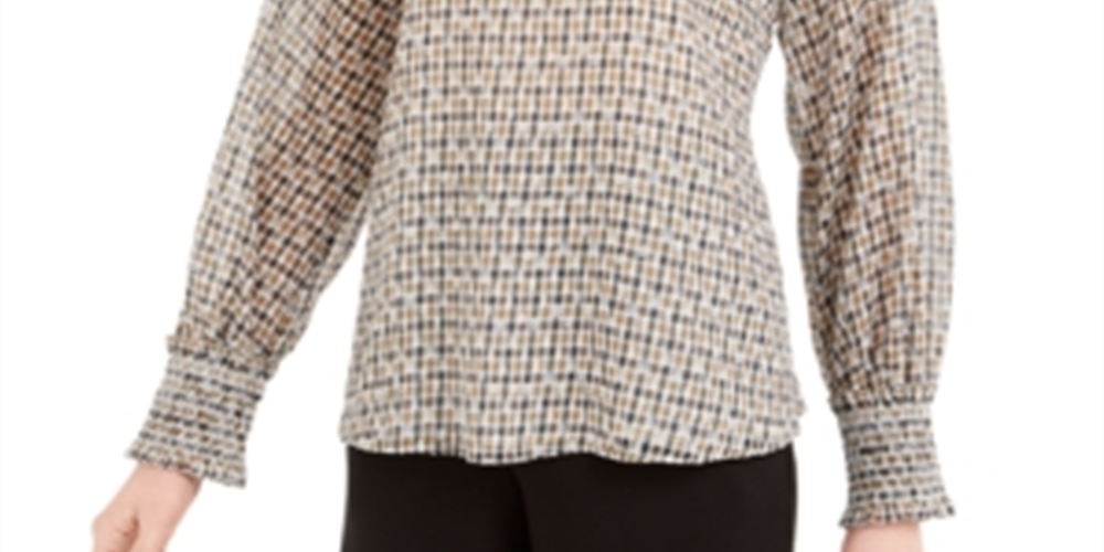 Blusa Calvin Klein Feminina Estampada Gola Smocked Bege Tamanho Médio