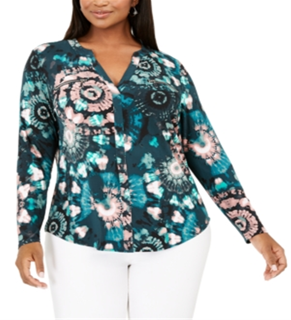 Blusa feminina estampada com decote dividido, verde, tamanho 0X, da INC International Concepts
