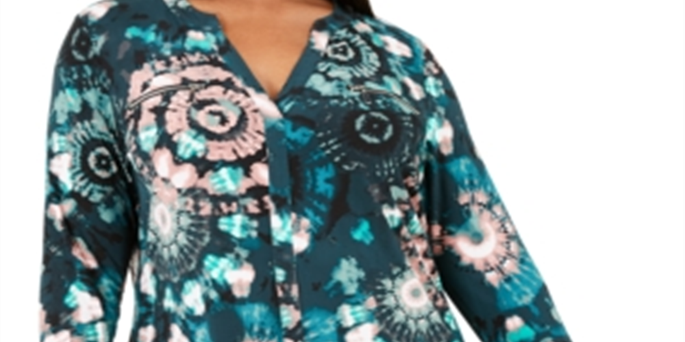 Blusa feminina estampada com decote dividido, verde, tamanho 0X, da INC International Concepts