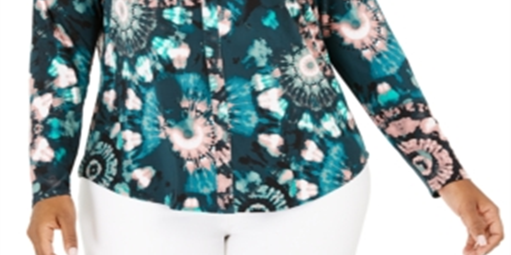 Blusa feminina estampada com decote dividido, verde, tamanho 0X, da INC International Concepts