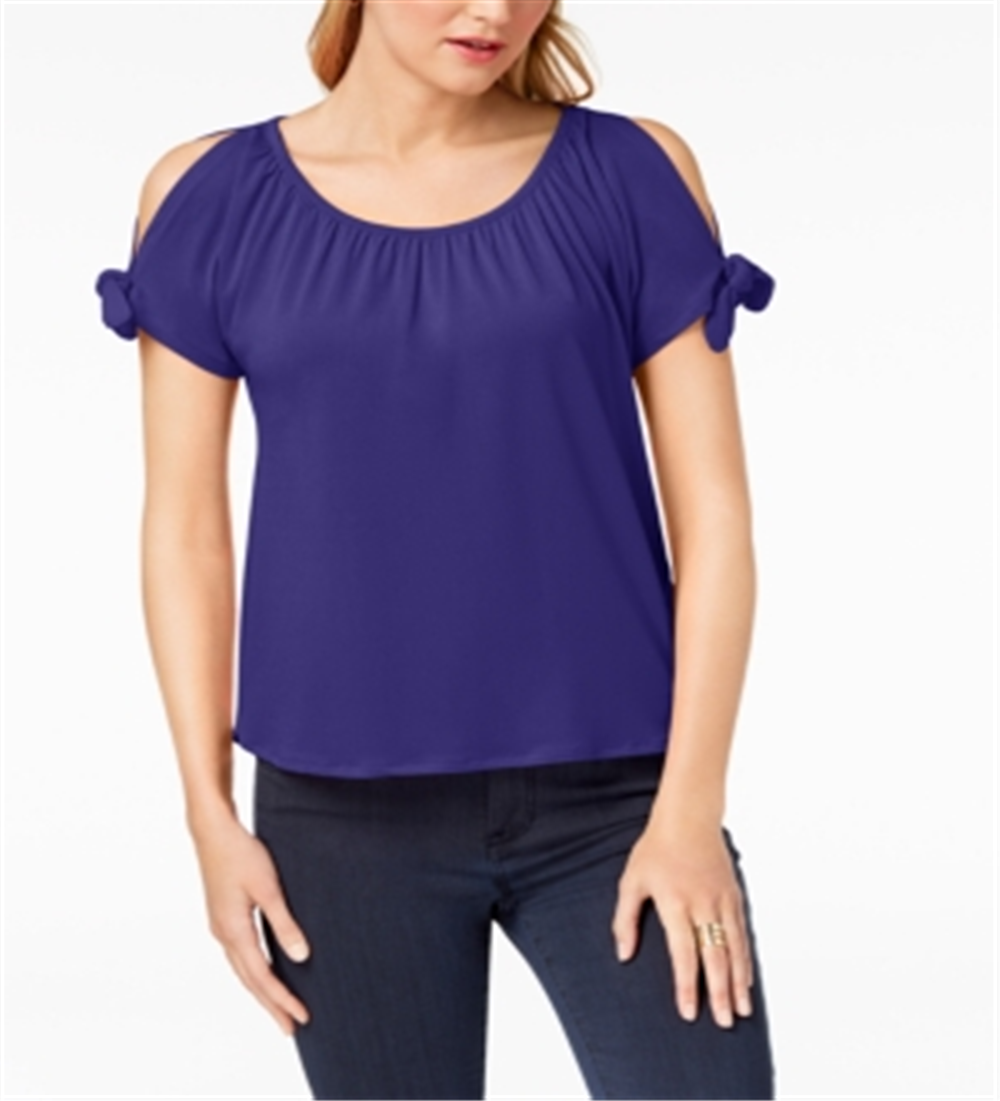 Blusa feminina INC International Concepts com ombro vazado e manga amarrada, azul, tamanho pequeno P