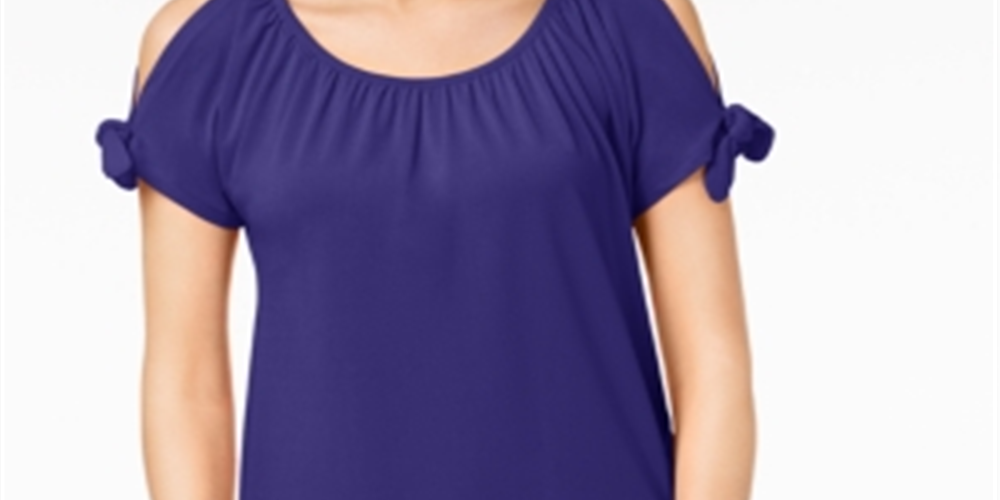 Blusa feminina INC International Concepts com ombro vazado e manga amarrada, azul, tamanho pequeno P