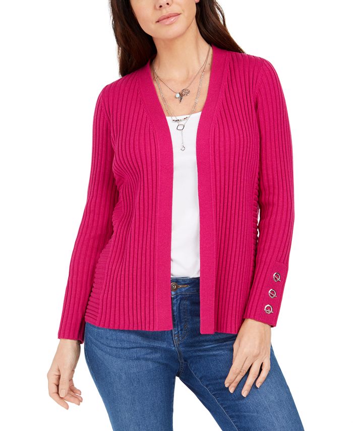 Cardigan feminino canelado com manga de botão e estampado JM Collection, rosa, tamanho pequeno