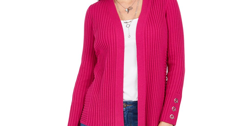 Cardigan feminino canelado com manga de botão e estampado JM Collection, rosa, tamanho pequeno