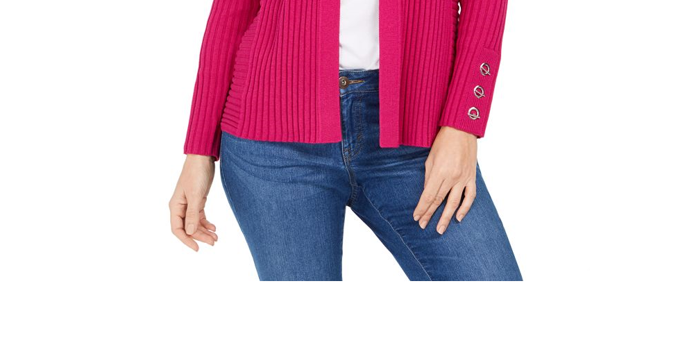 Cardigan feminino canelado com manga de botão e estampado JM Collection, rosa, tamanho pequeno